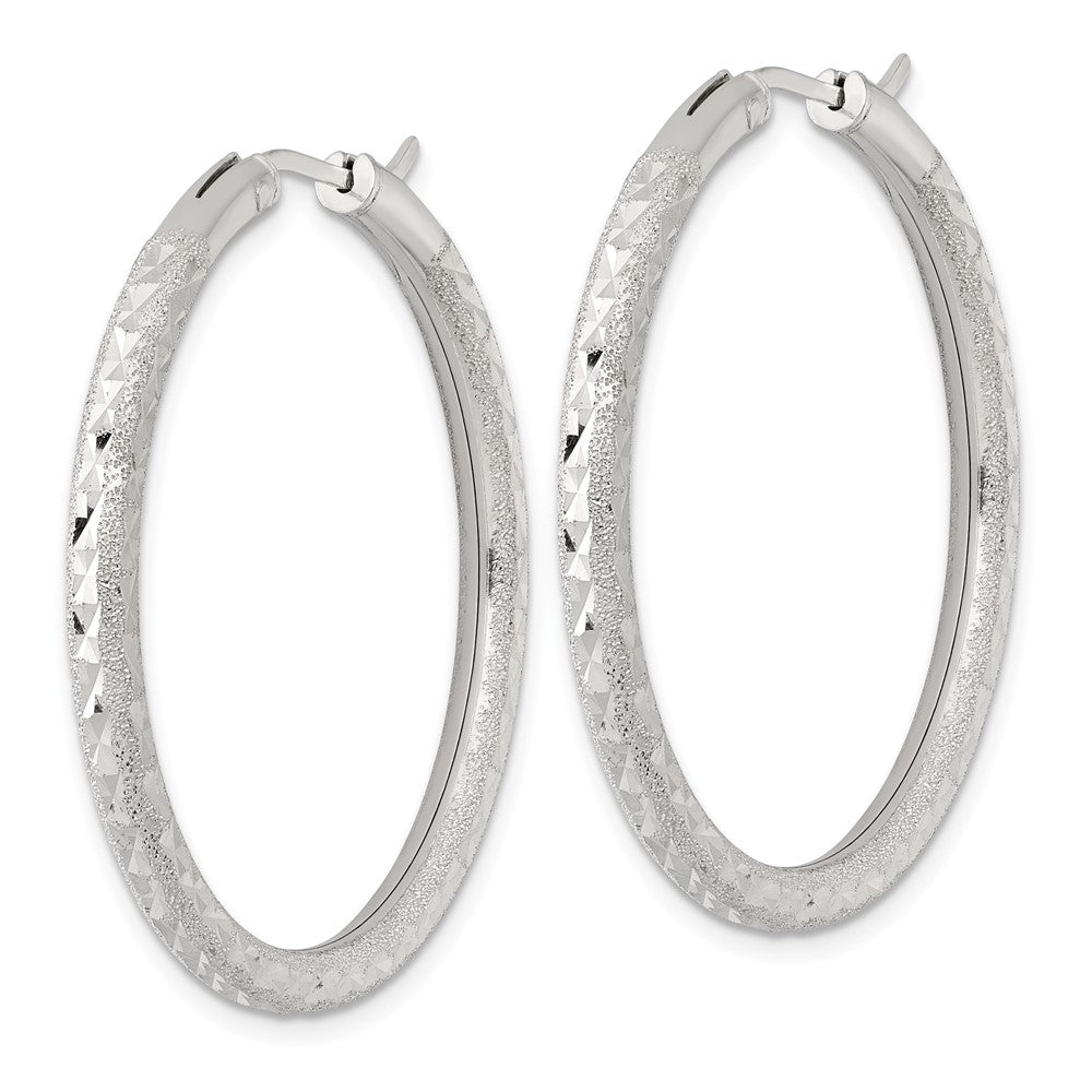 Sterling Silver Laser/Dia-cut 40x3.25mm Hidden Catch Round Hoop Earrings
