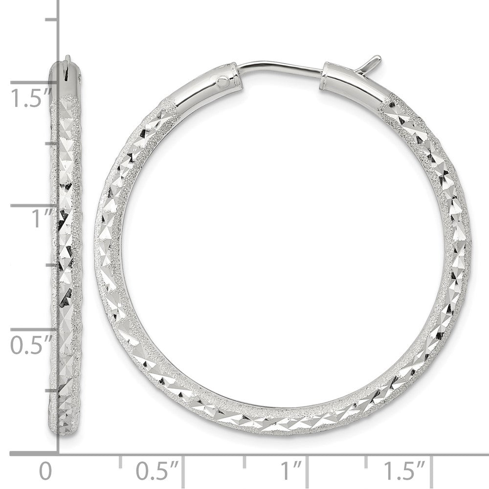 Sterling Silver Laser/Dia-cut 40x3.25mm Hidden Catch Round Hoop Earrings