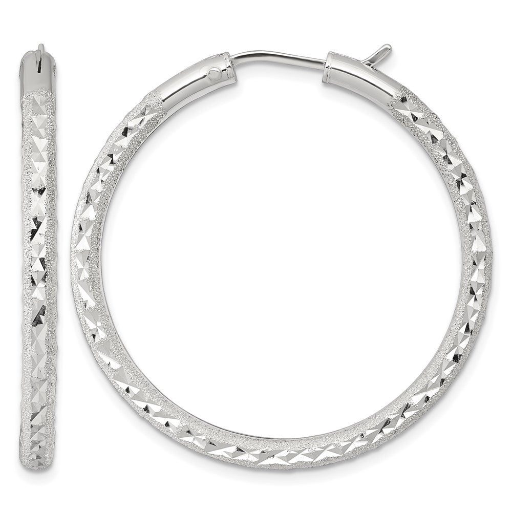 Sterling Silver Laser/Dia-cut 40x3.25mm Hidden Catch Round Hoop Earrings