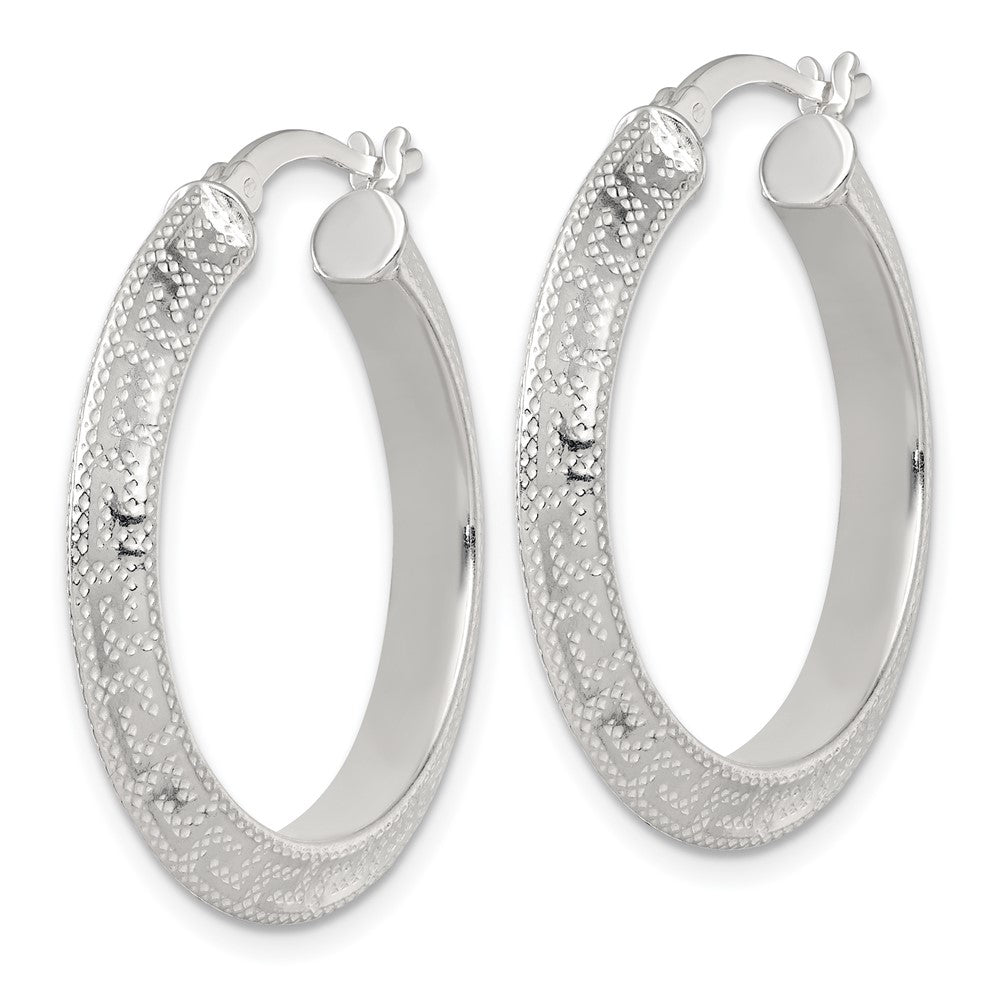 SS Textured 30x4.0mm Knife Edge Greek Key Round Hoop Earrings