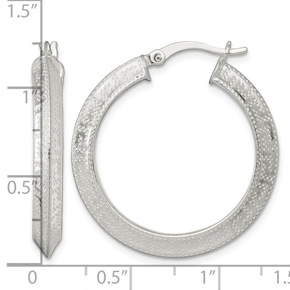 SS Textured 30x4.0mm Knife Edge Greek Key Round Hoop Earrings