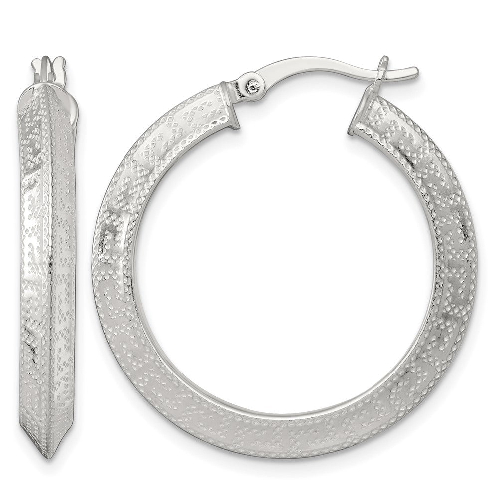 SS Textured 30x4.0mm Knife Edge Greek Key Round Hoop Earrings