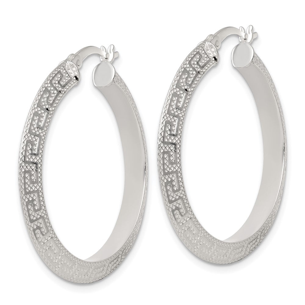 SS Textured 35x4.0mm Knife Edge Greek Key Round Hoop Earrings