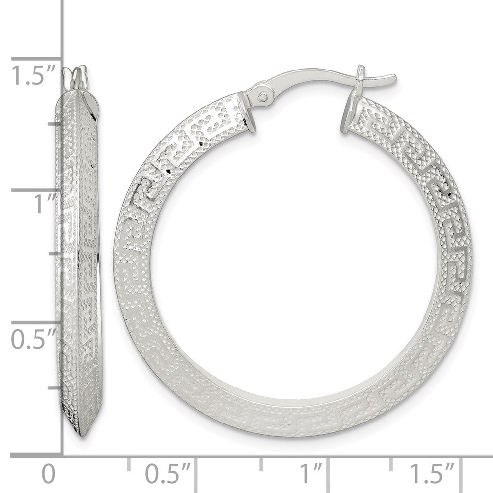 SS Textured 35x4.0mm Knife Edge Greek Key Round Hoop Earrings