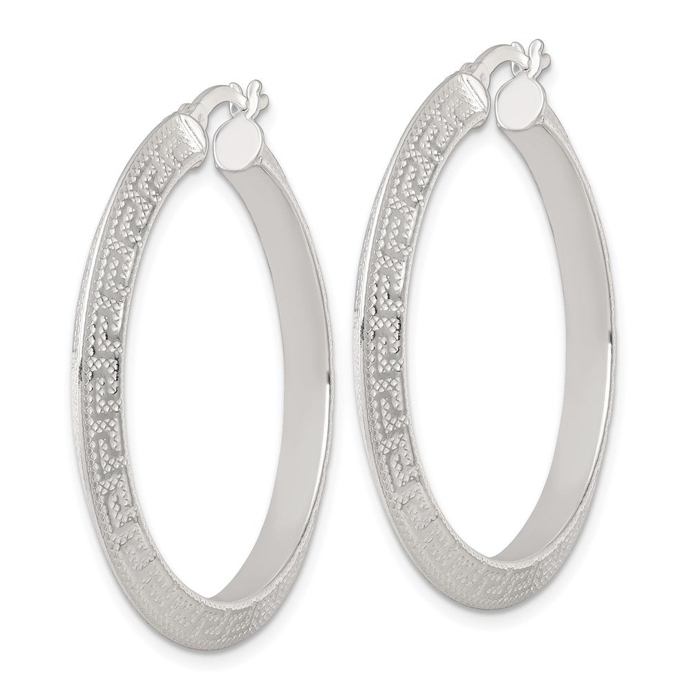 SS Textured 40x4.0mm Knife Edge Greek Key Round Hoop Earrings