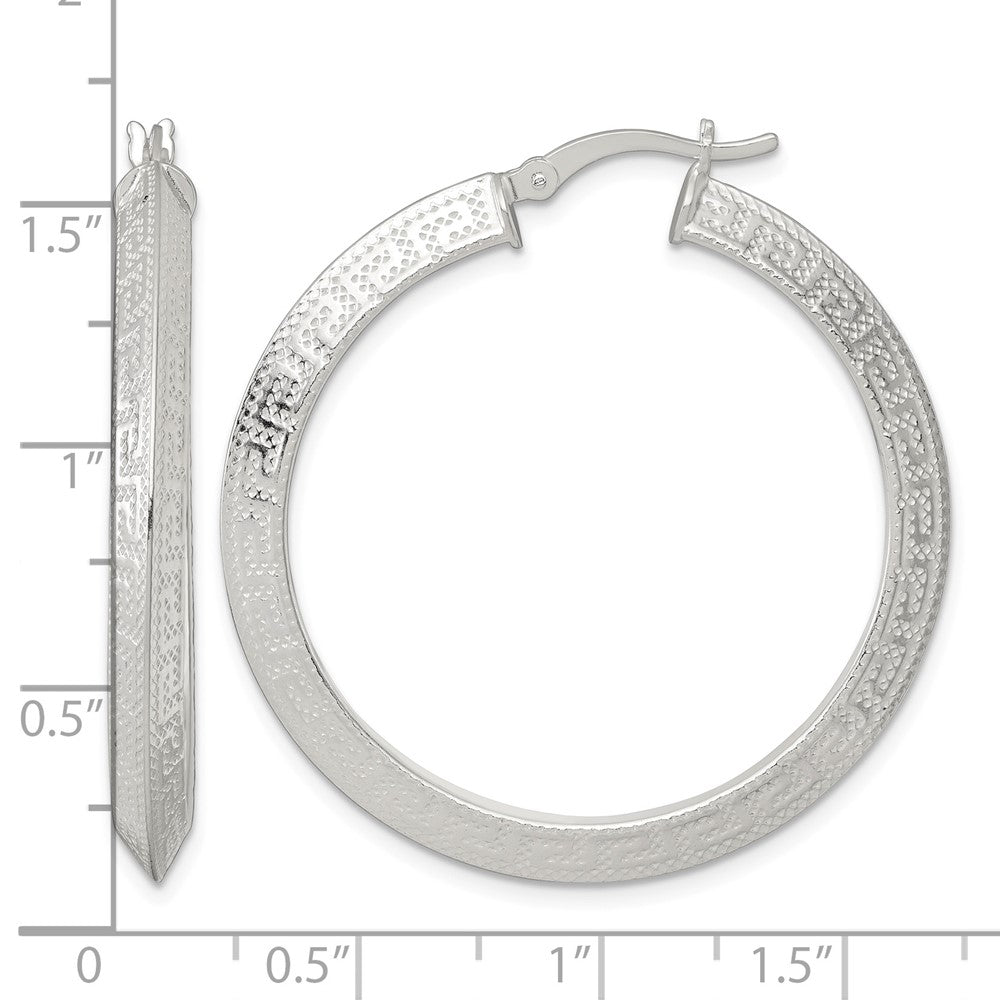 SS Textured 40x4.0mm Knife Edge Greek Key Round Hoop Earrings