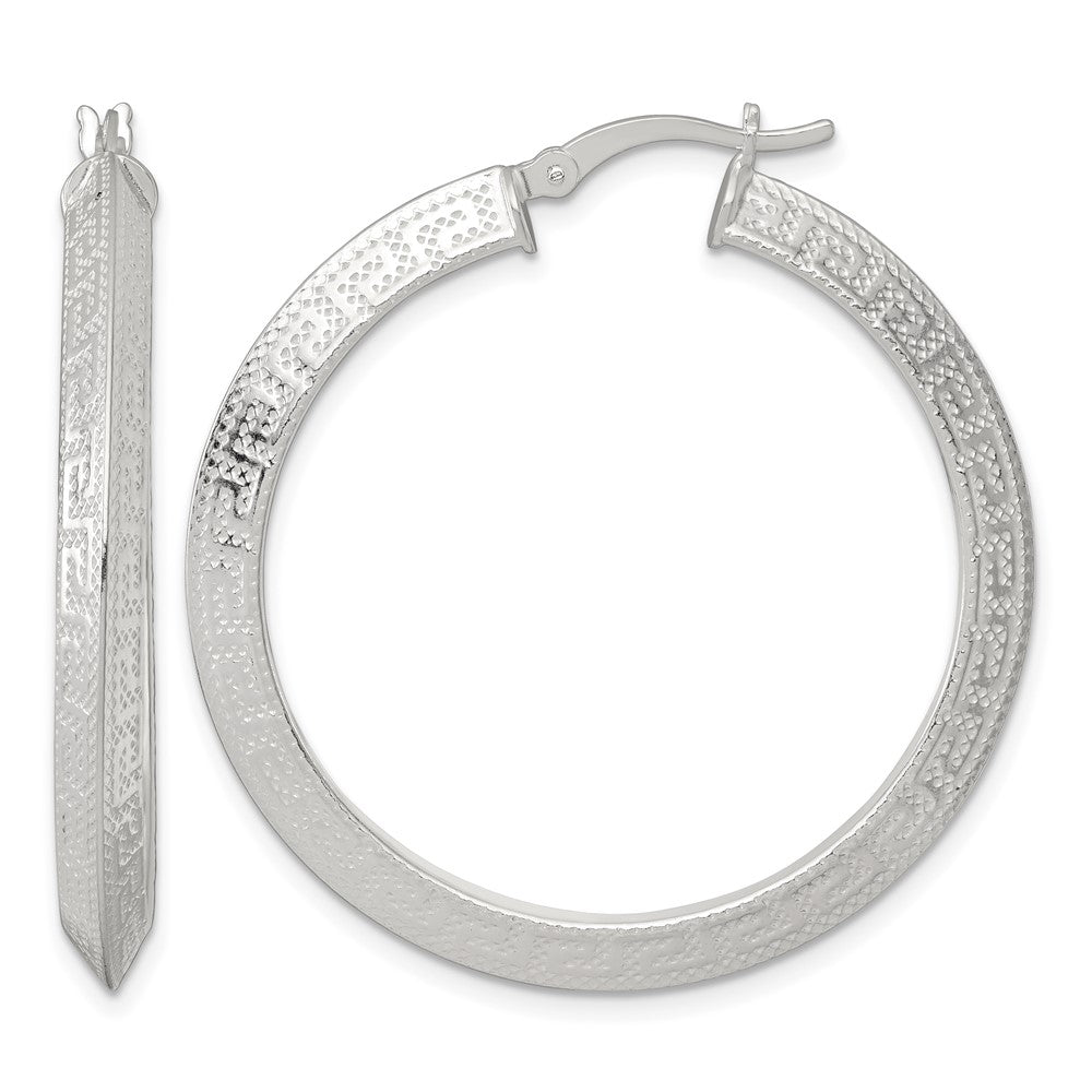 SS Textured 40x4.0mm Knife Edge Greek Key Round Hoop Earrings