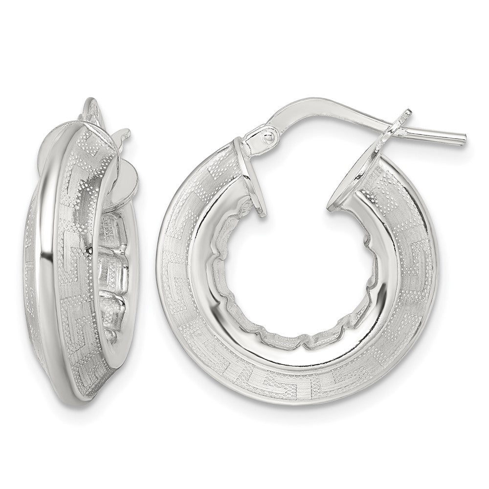 Sterling Silver Polished Greek Key Knife Edge Hoop Earrings