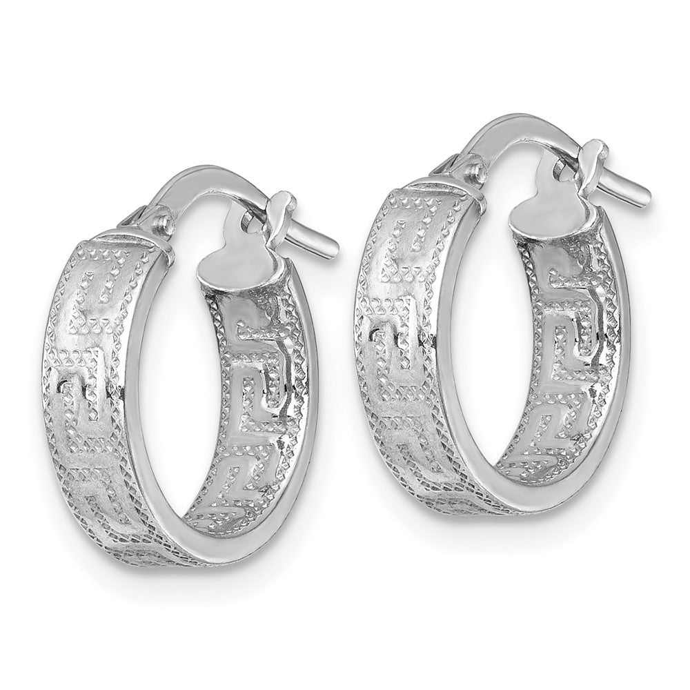 Sterling Silver RH-plated Polished Textured Greek Key Hoop Earrings