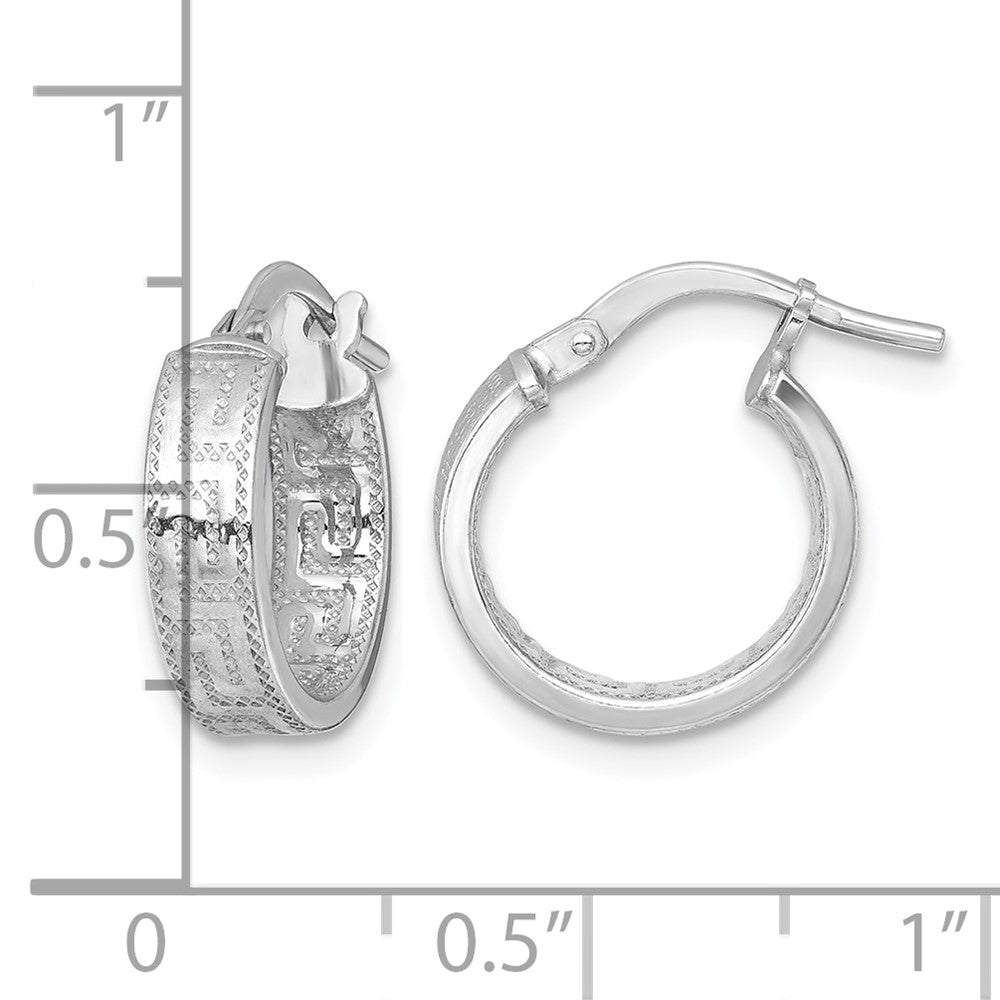 Sterling Silver RH-plated Polished Textured Greek Key Hoop Earrings