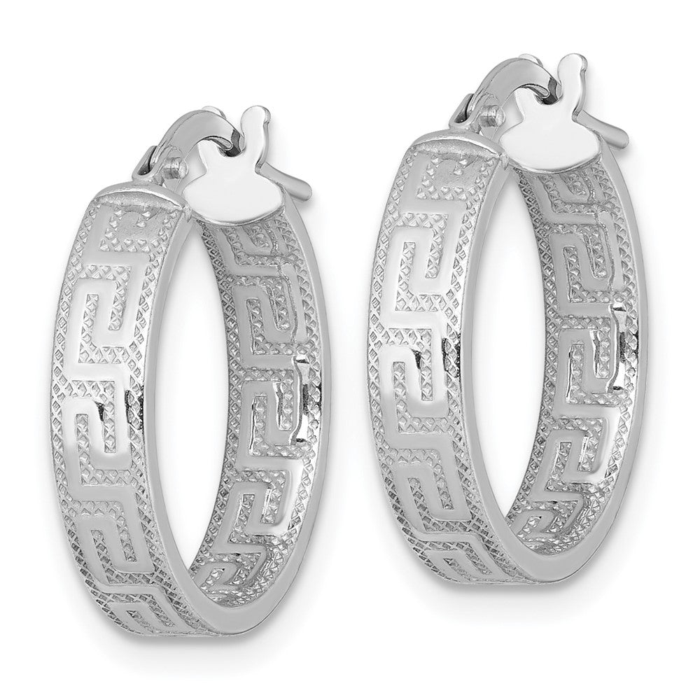 Sterling Silver RH-plated Polished Textured Greek Key Hoop Earrings