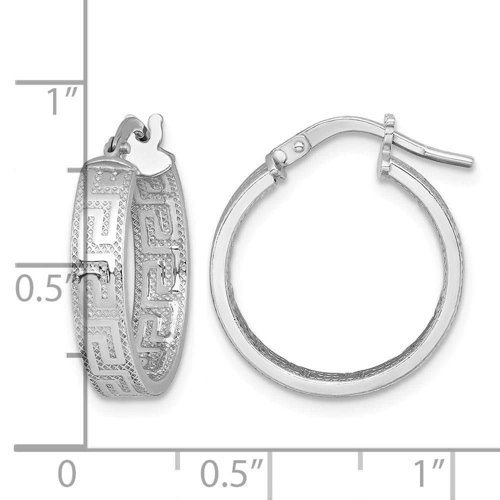 Sterling Silver RH-plated Polished Textured Greek Key Hoop Earrings