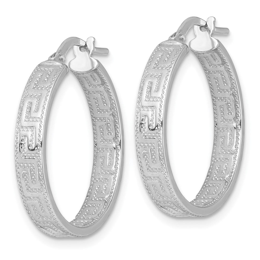 Sterling Silver RH-plated Polished Textured Greek Key Hoop Earrings