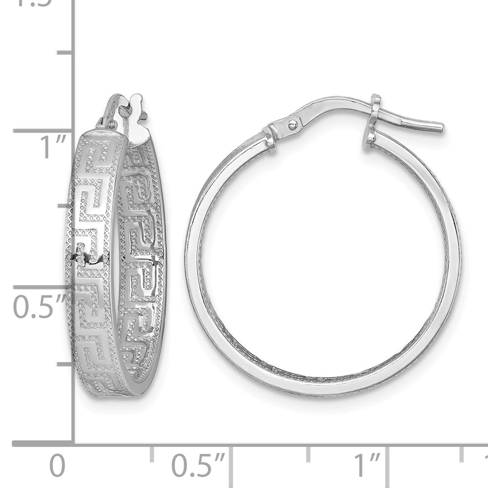 Sterling Silver RH-plated Polished Textured Greek Key Hoop Earrings