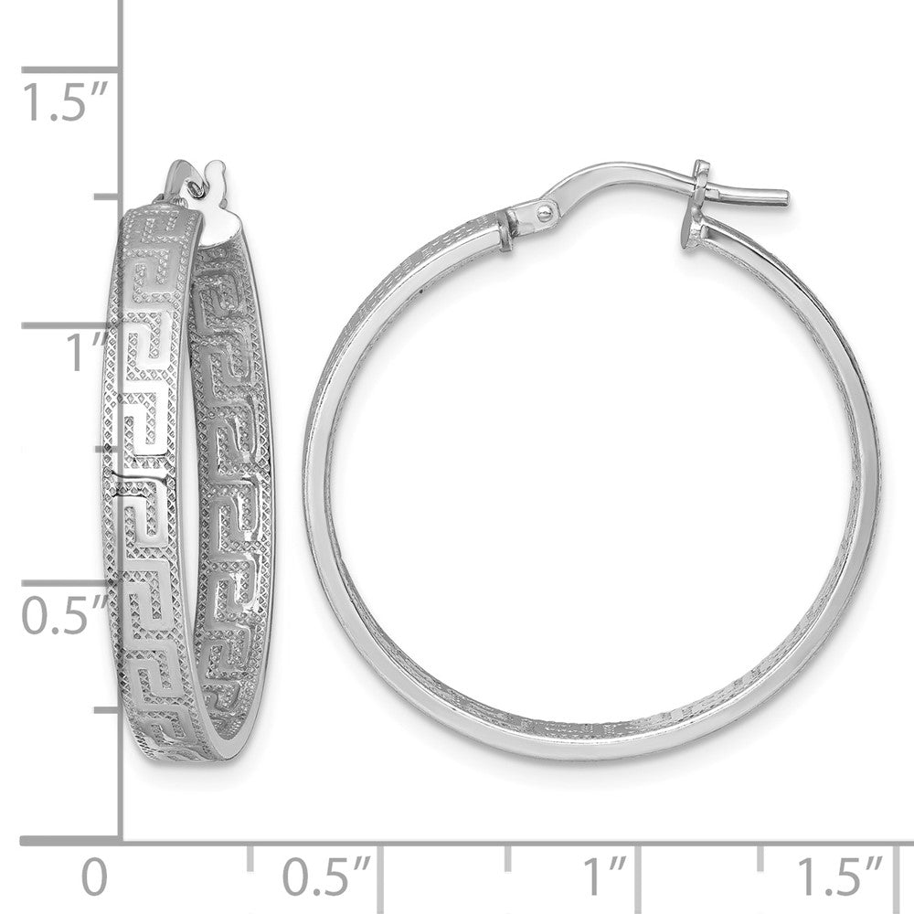 Sterling Silver RH-plated Polished Textured Greek Key Hoop Earrings