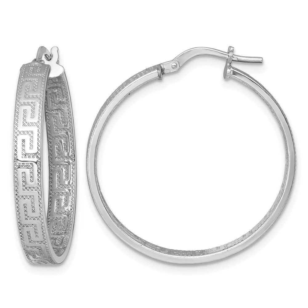 Sterling Silver RH-plated Polished Textured Greek Key Hoop Earrings