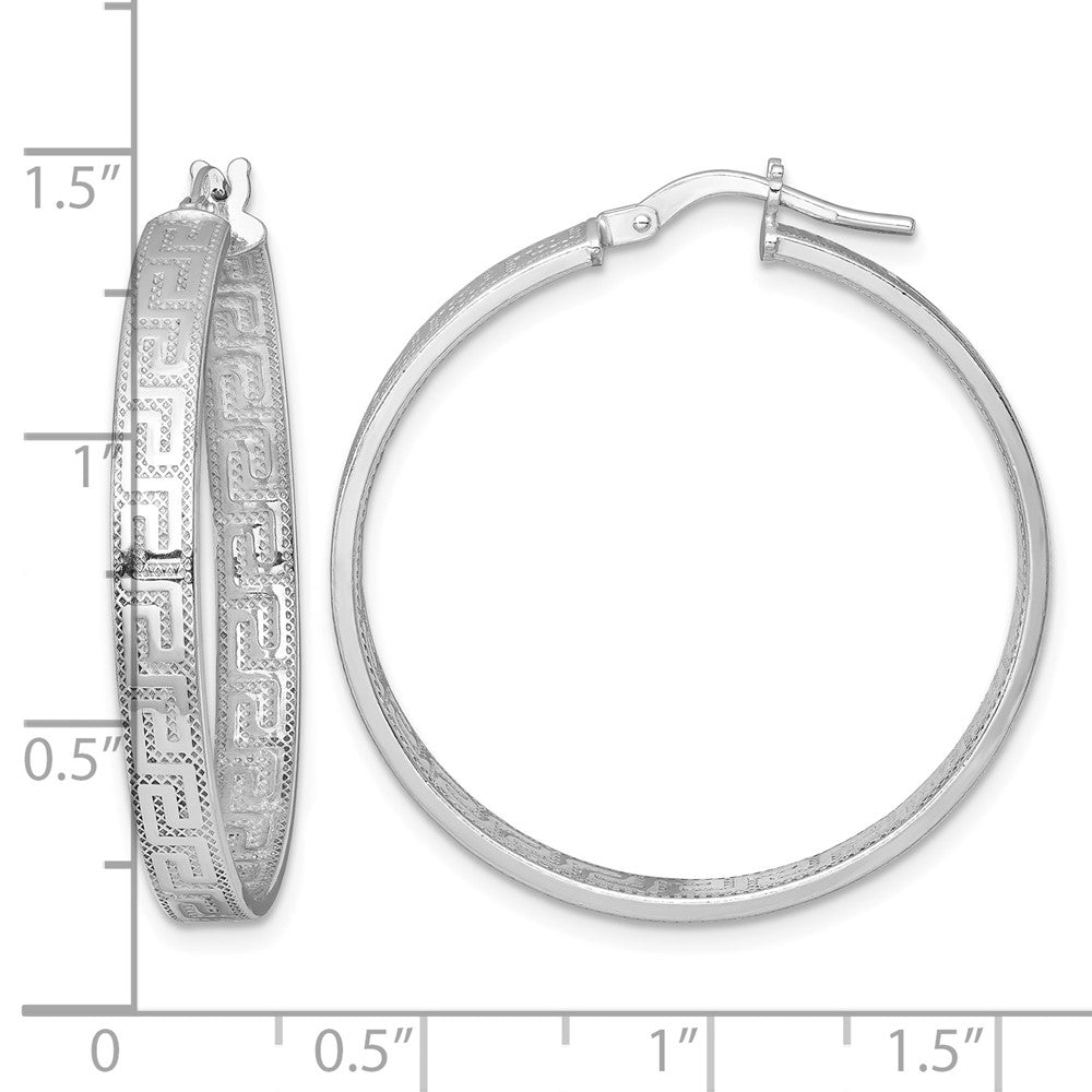 Sterling Silver RH-plated Polished Textured Greek Key Hoop Earrings