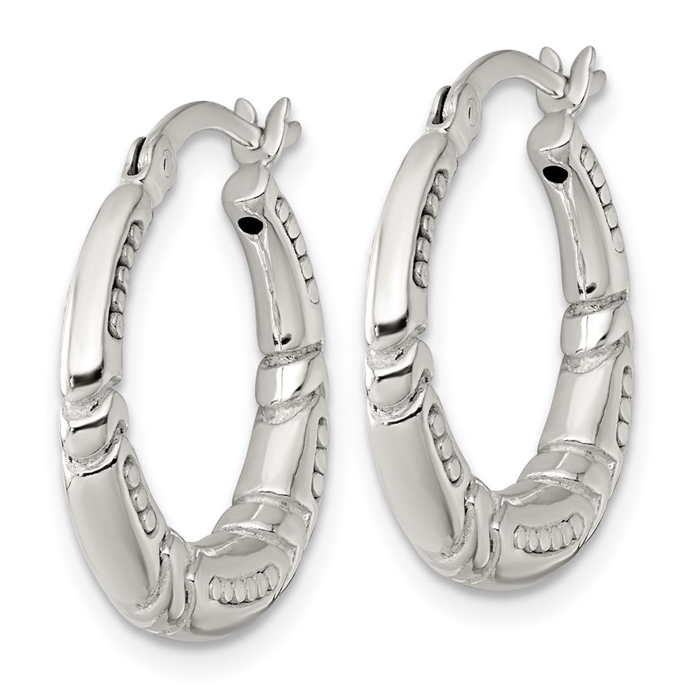 Sterling Silver Polished Beaded and Grooved Round Hoop Earrings