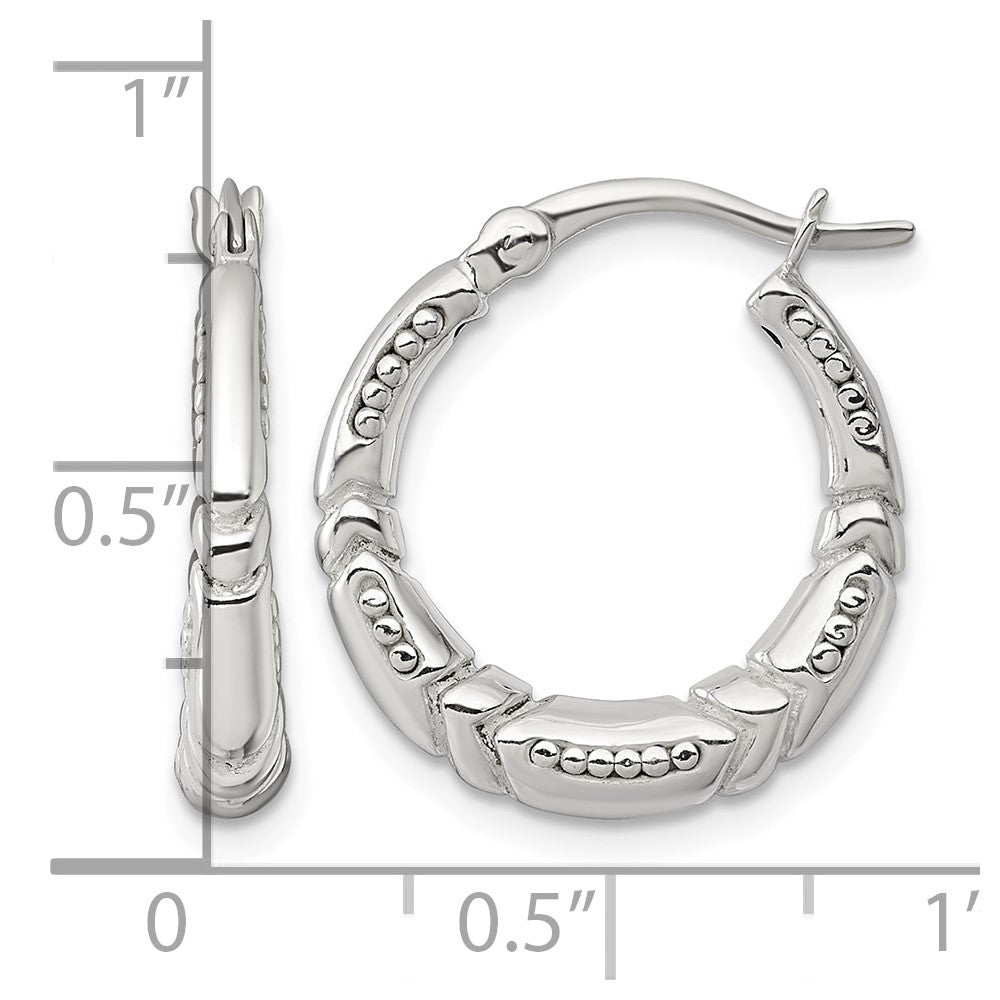 Sterling Silver Polished Beaded and Grooved Round Hoop Earrings