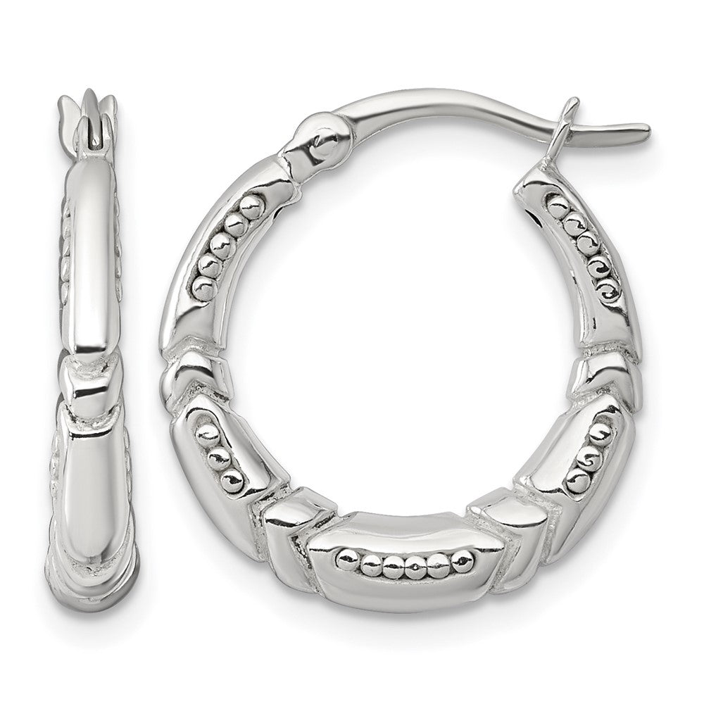 Sterling Silver Polished Beaded and Grooved Round Hoop Earrings