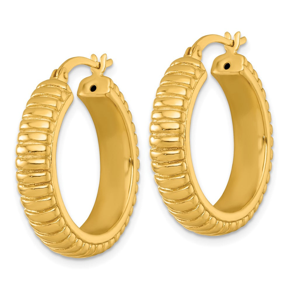 SS Gold-tone Polished and Grooved 26x6mm Round Hoop Earrings