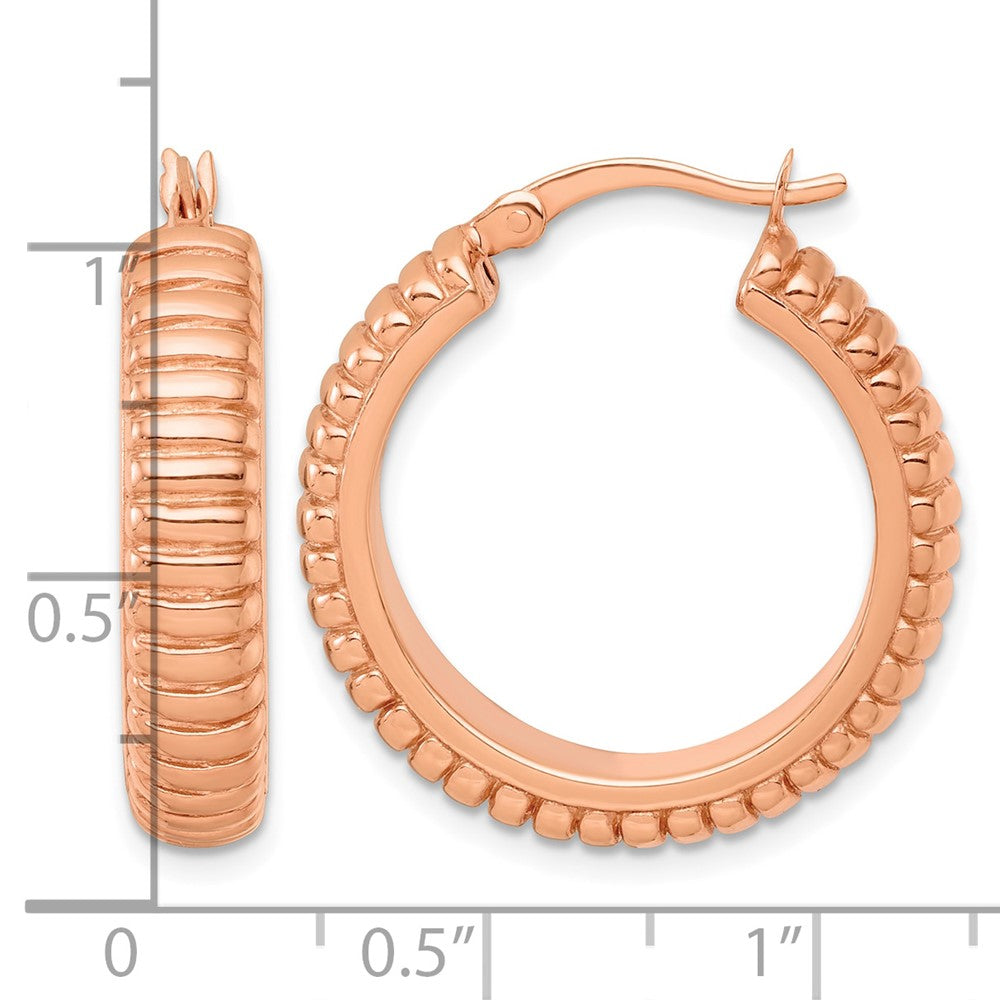 SS Rose-tone Polished and Grooved 26x6mm Round Hoop Earrings