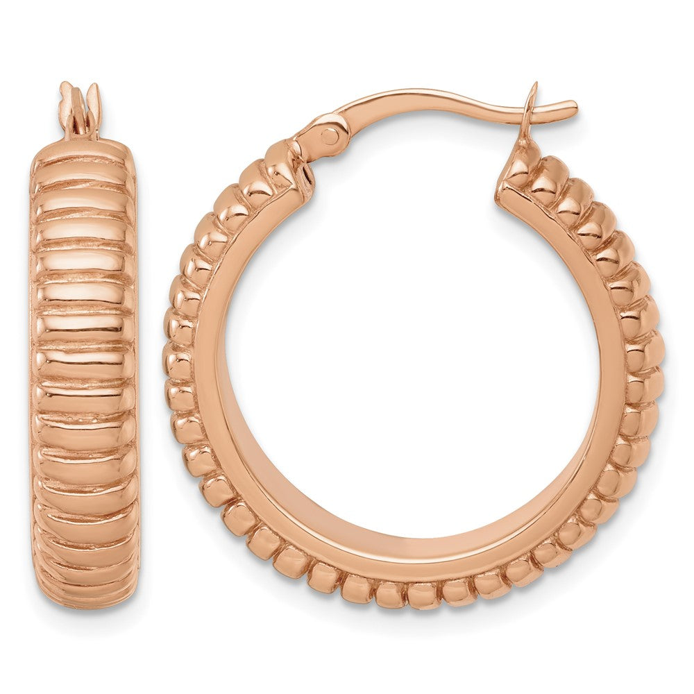 SS Rose-tone Polished and Grooved 26x6mm Round Hoop Earrings