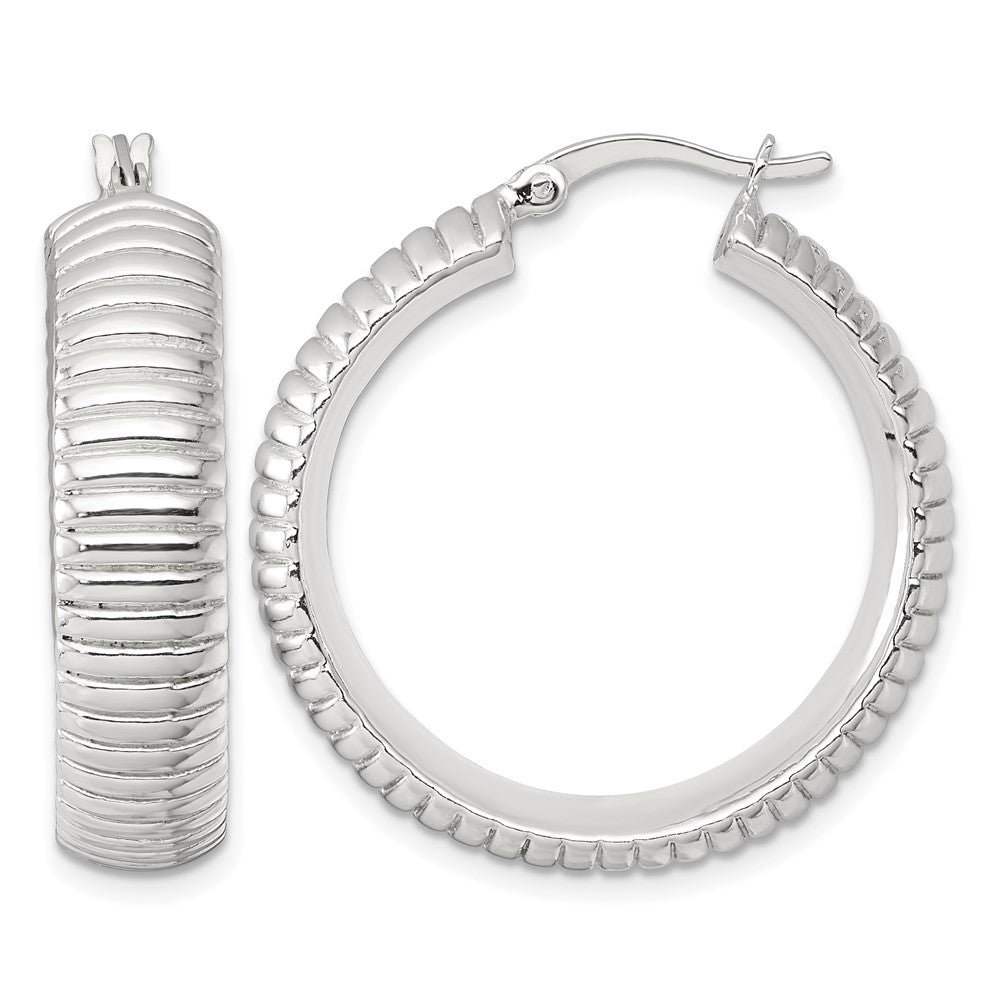 Sterling Silver Polished and Grooved 32x7.5mm Round Hoop Earrings