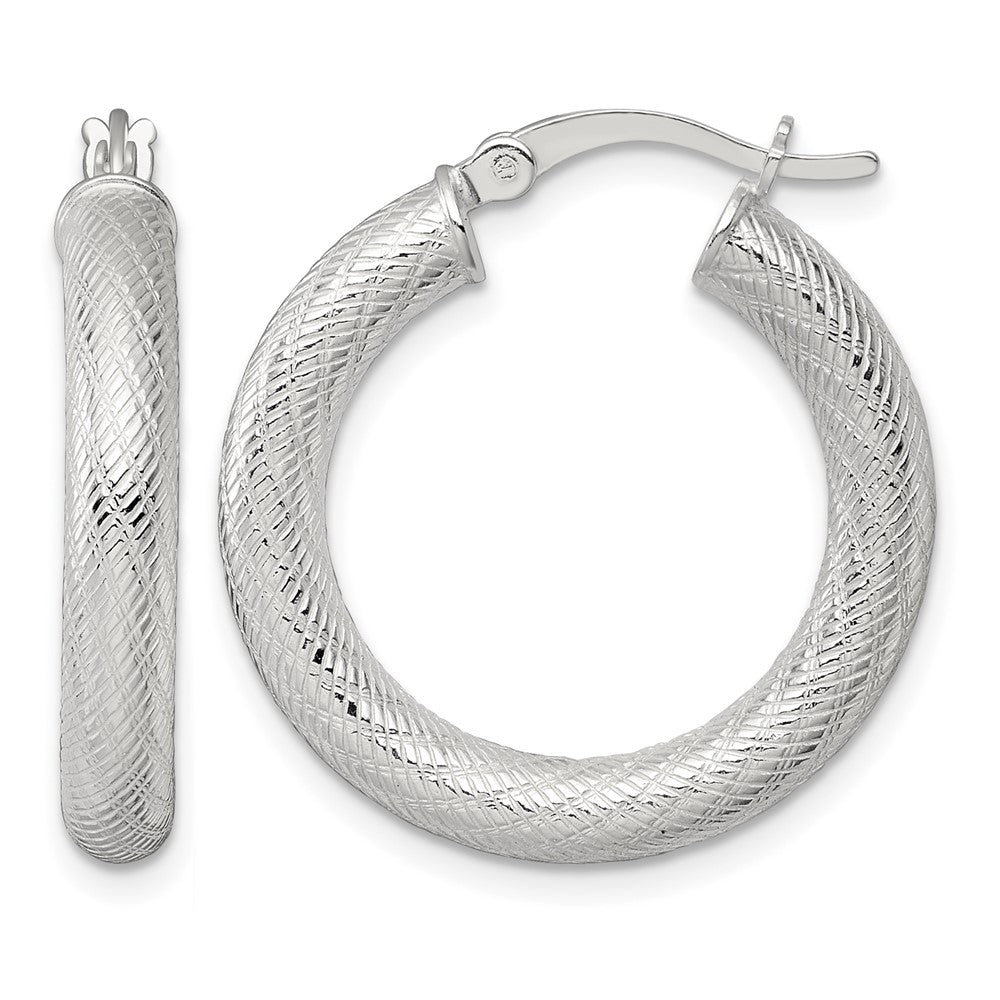 Sterling Silver Polished and Textured 4.0mm Round Hoop Earrings