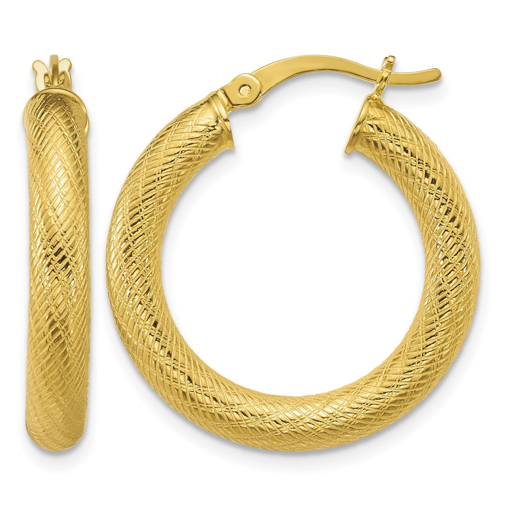 SS Gold-tone Polished and Textured 4.0mm Round Hoop Earrings