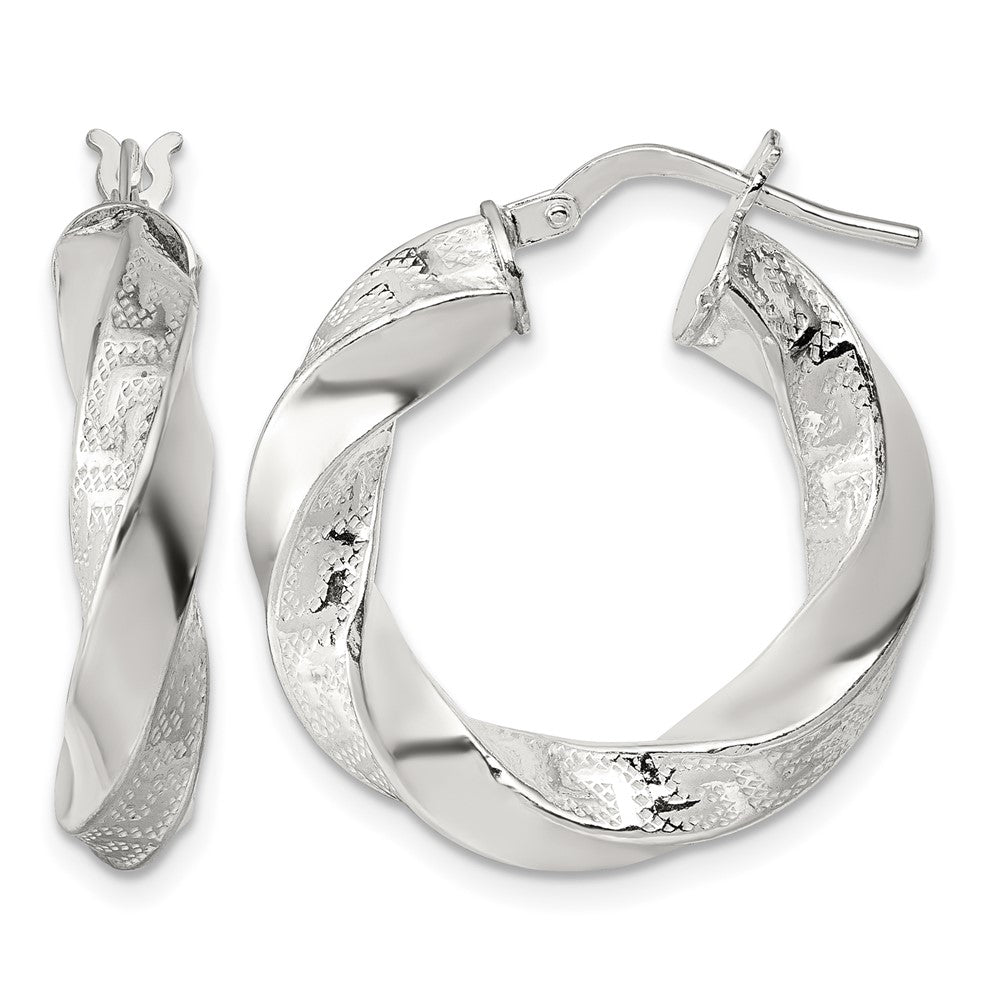 Sterling Silver Polished Greek Key 5mm Twisted Hoop Earrings