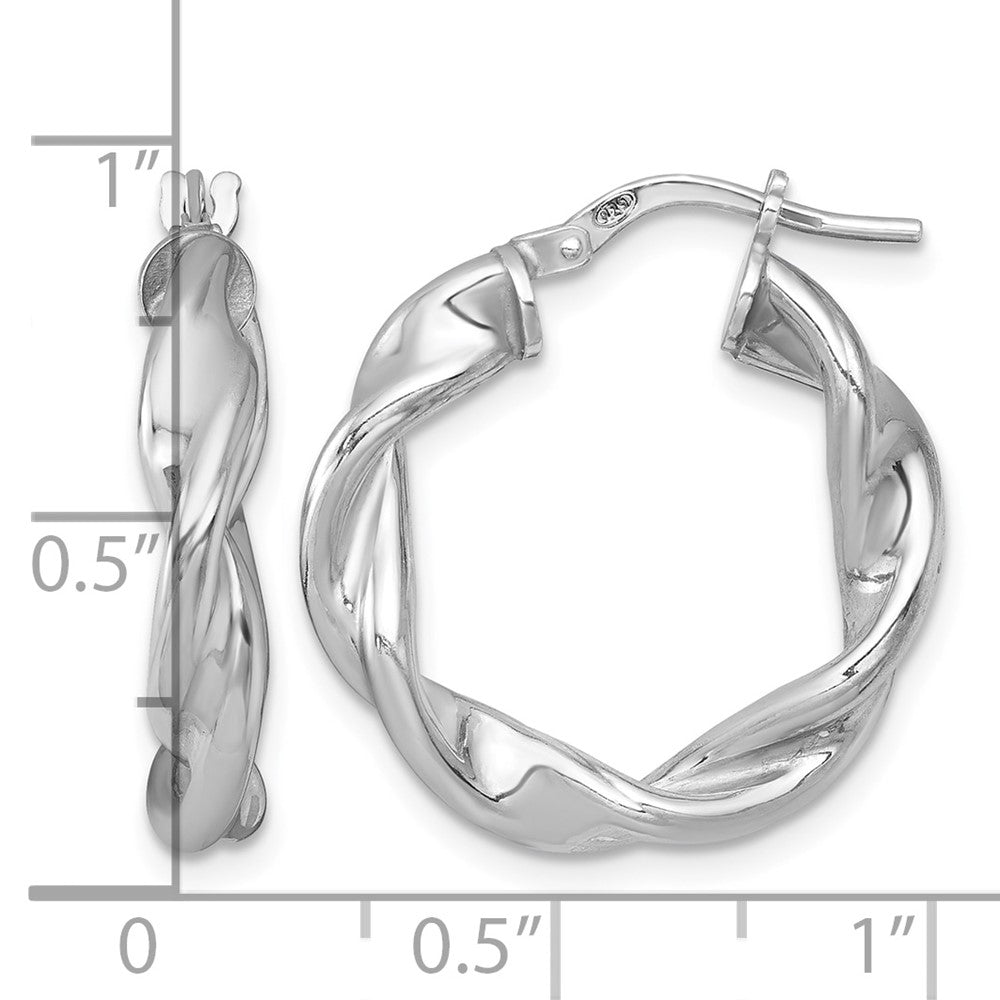 Sterling Silver RH-plated Polished and Twisted Round Hoop Earrings