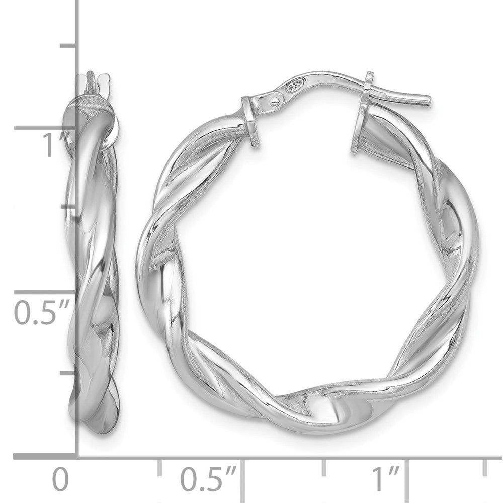 Sterling Silver RH-plated Polished and Twisted Round Hoop Earrings