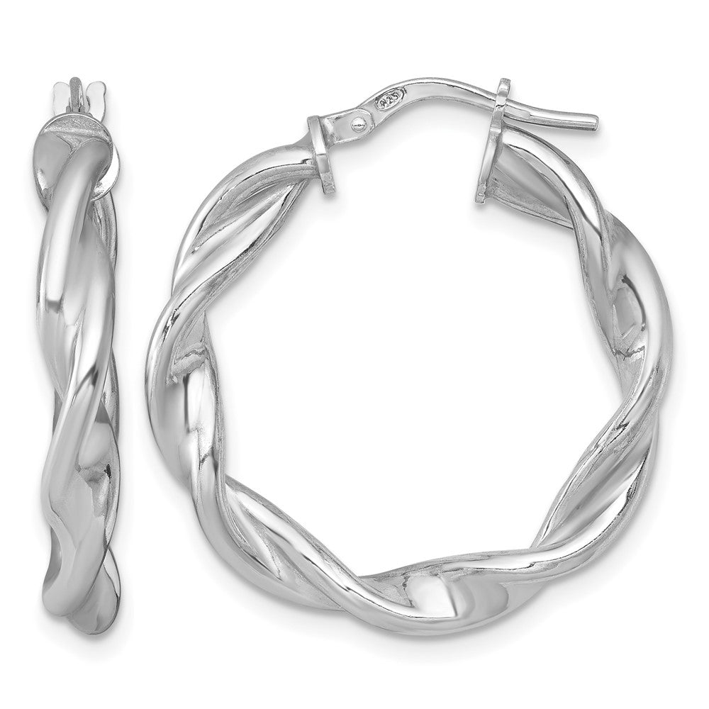 Sterling Silver RH-plated Polished and Twisted Round Hoop Earrings