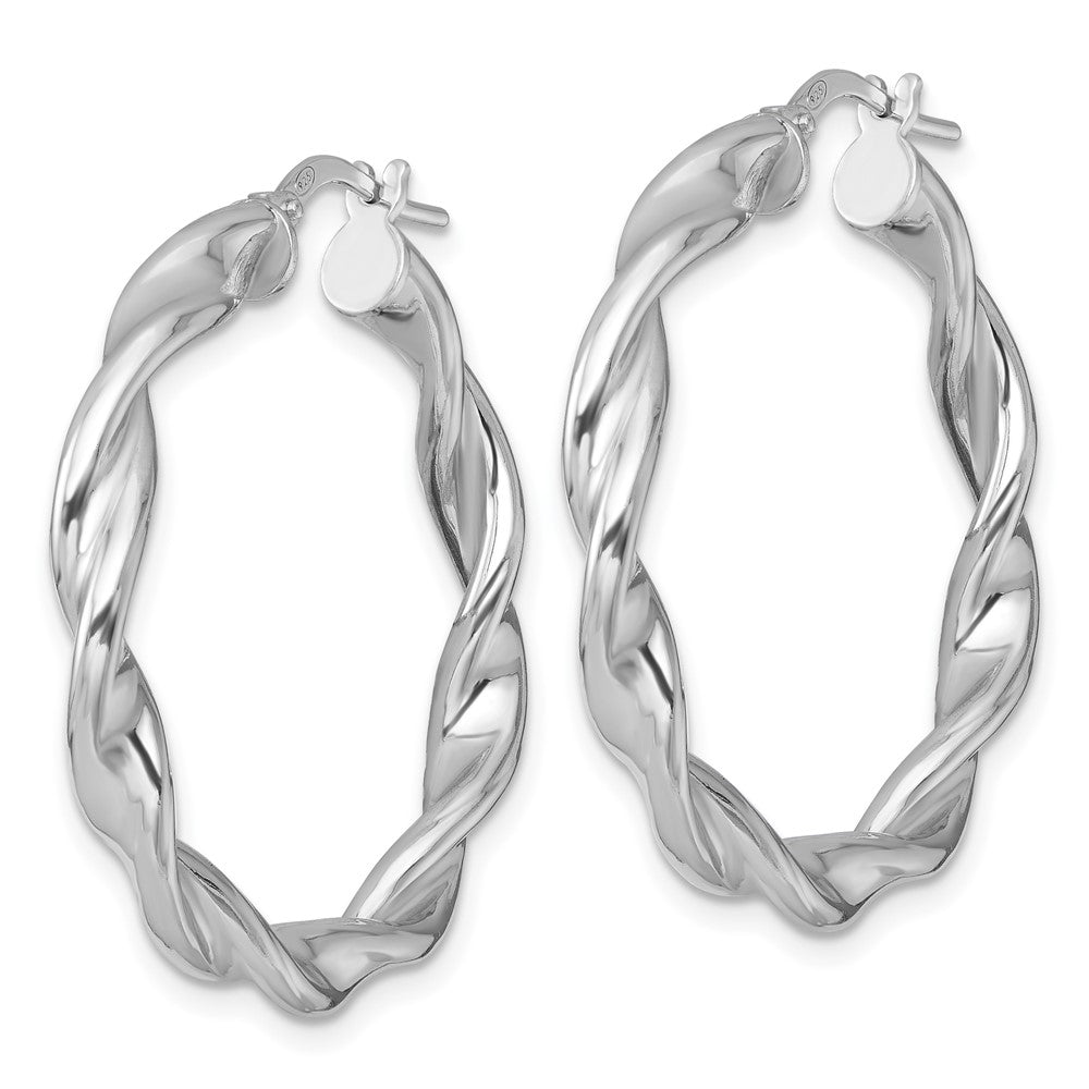 Sterling Silver RH-plated Polished and Twisted Round Hoop Earrings