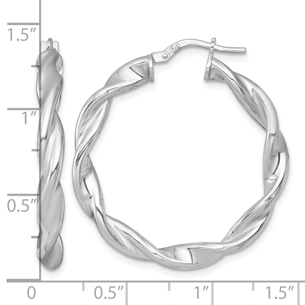 Sterling Silver RH-plated Polished and Twisted Round Hoop Earrings