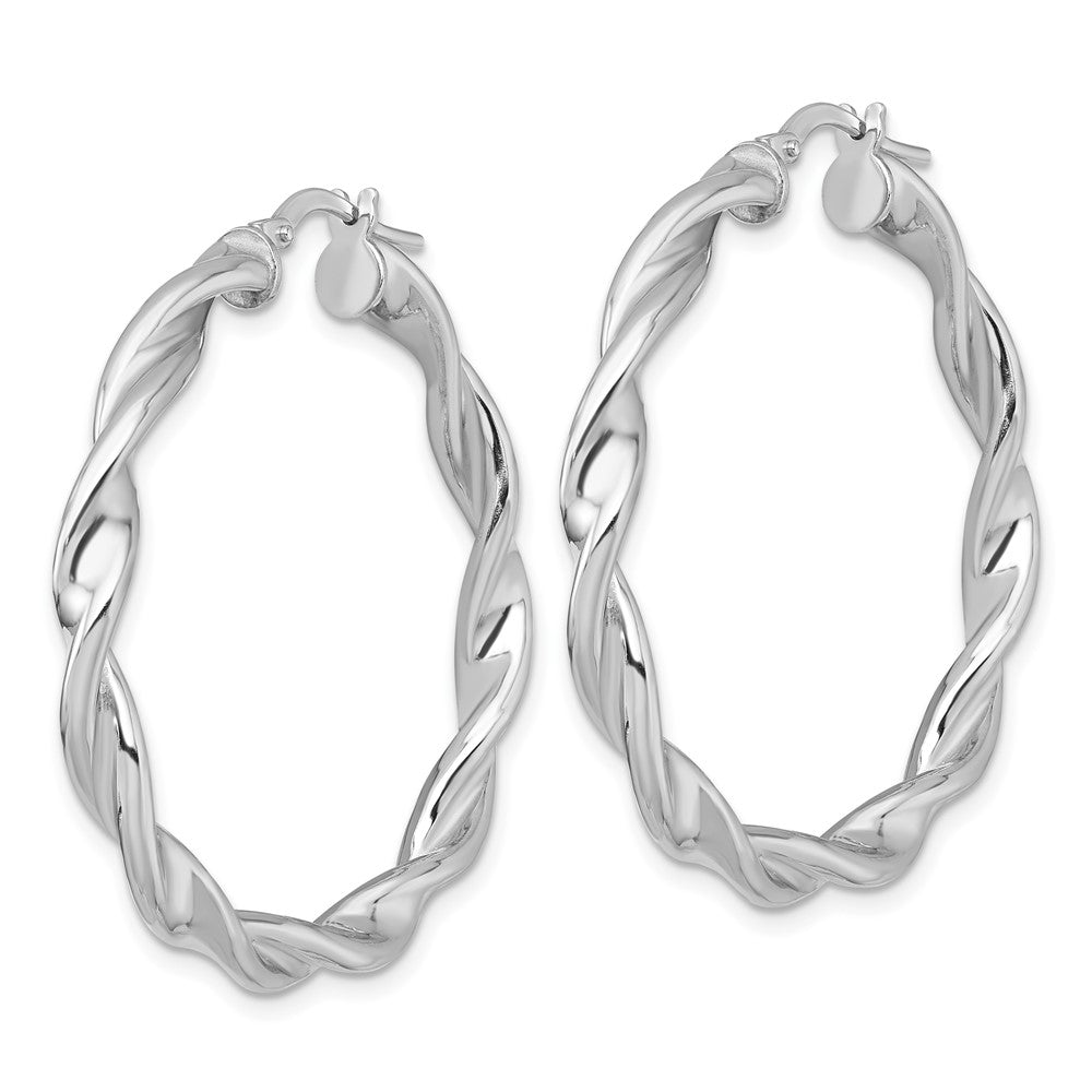 Sterling Silver RH-plated Polished and Twisted Round Hoop Earrings