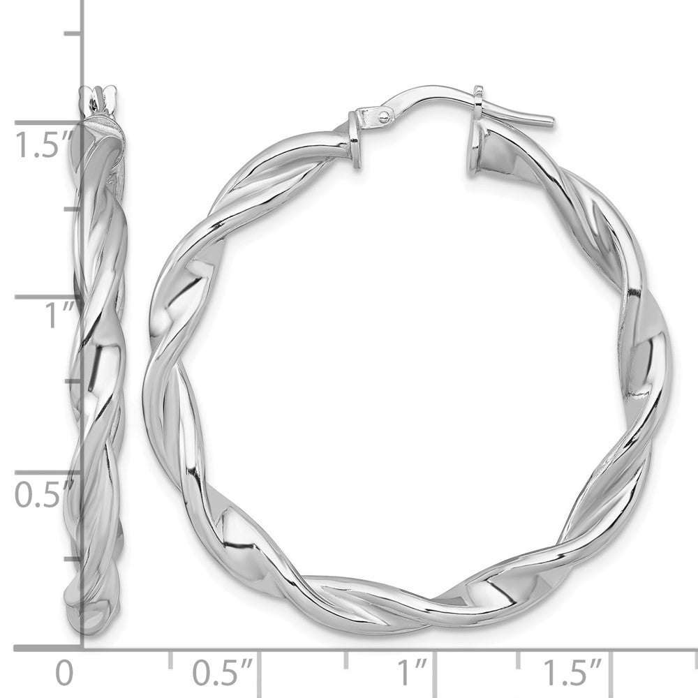 Sterling Silver RH-plated Polished and Twisted Round Hoop Earrings