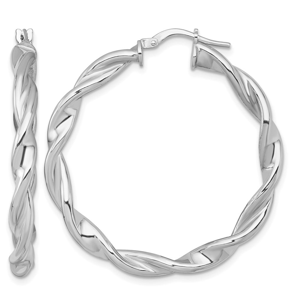 Sterling Silver RH-plated Polished and Twisted Round Hoop Earrings