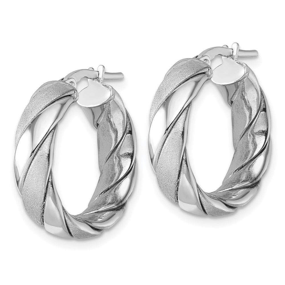 Sterling Silver Rh-plated Polished and Scratch Finish Twisted Hoop Earrings