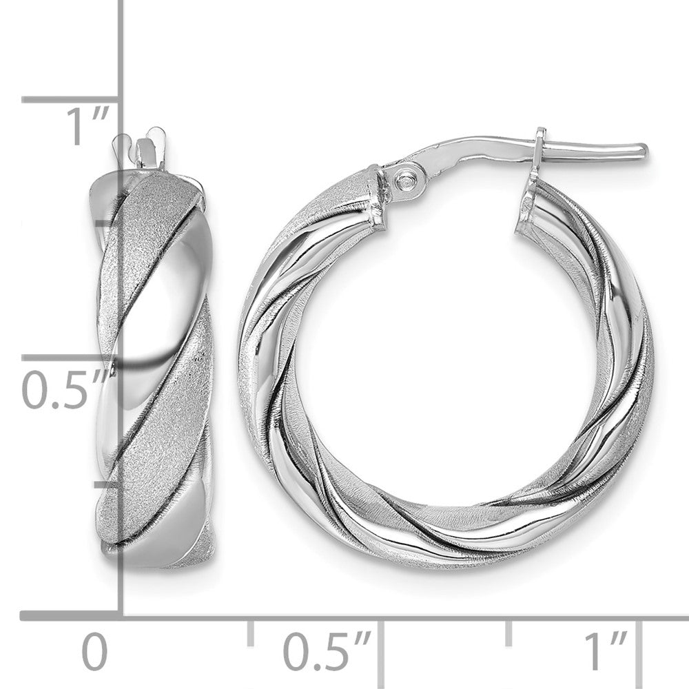 Sterling Silver Rh-plated Polished and Scratch Finish Twisted Hoop Earrings