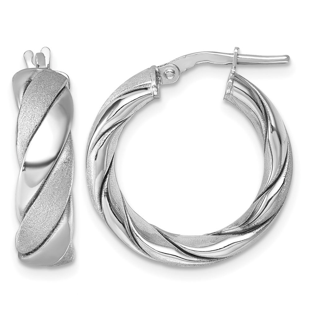 Sterling Silver Rh-plated Polished and Scratch Finish Twisted Hoop Earrings