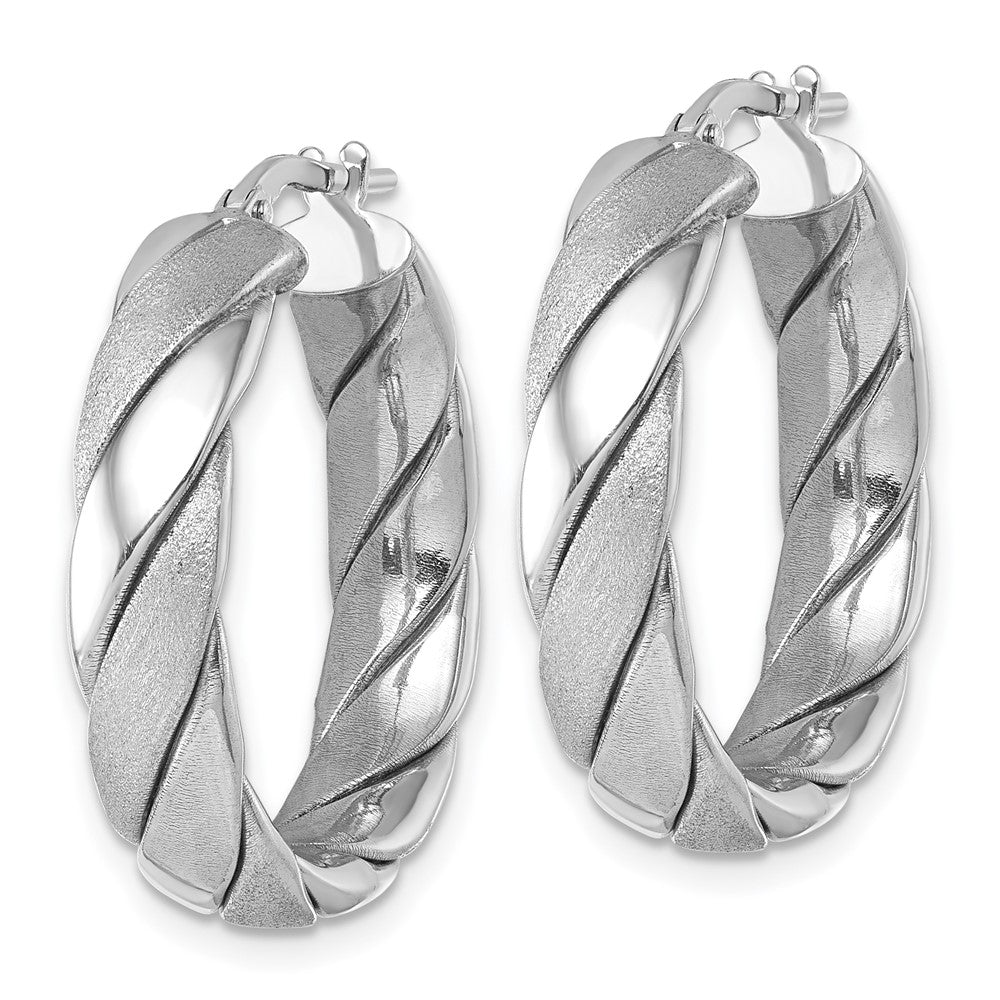 Sterling Silver Rh-plated Polished and Scratch Finish Twisted Hoop Earrings