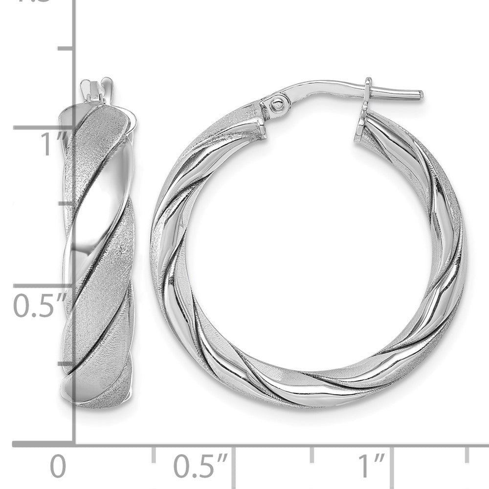 Sterling Silver Rh-plated Polished and Scratch Finish Twisted Hoop Earrings