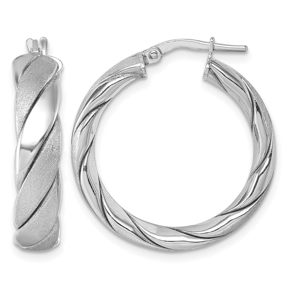 Sterling Silver Rh-plated Polished and Scratch Finish Twisted Hoop Earrings
