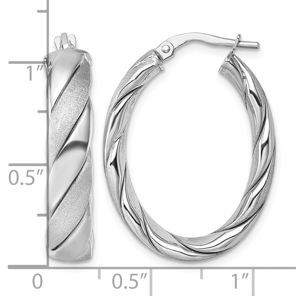 Sterling Silver Rh-plt Polished / Scratch Finish Twisted Oval Hoop Earrings