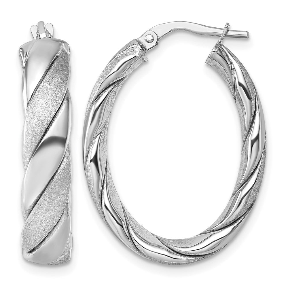 Sterling Silver Rh-plt Polished / Scratch Finish Twisted Oval Hoop Earrings