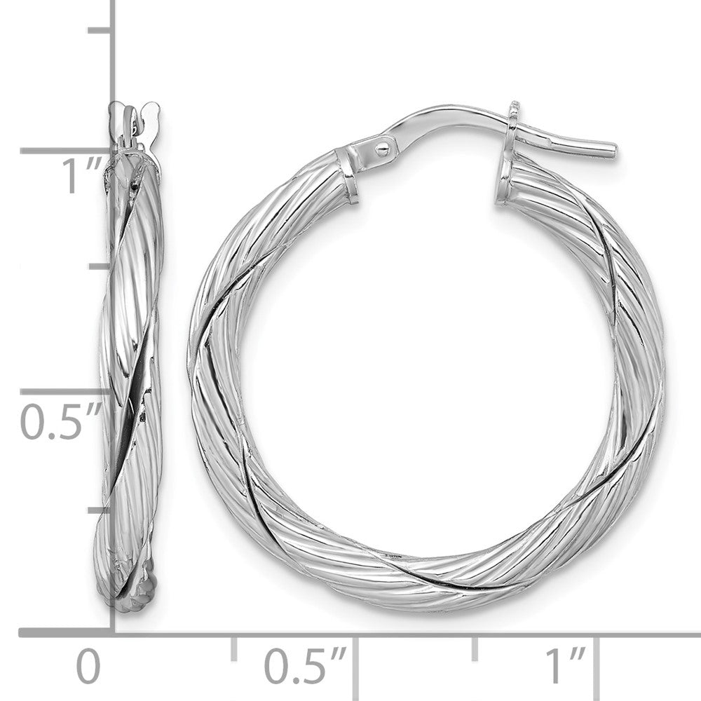 Sterling Silver RH-plated Polished and Twisted Round Hoop Earrings