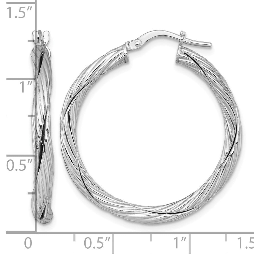 Sterling Silver RH-plated Polished and Twisted Round Hoop Earrings
