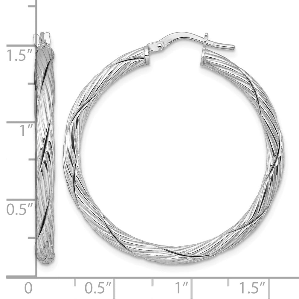 Sterling Silver RH-plated Polished and Twisted Round Hoop Earrings